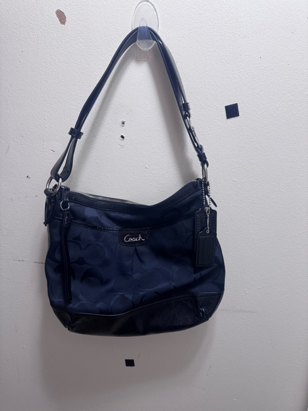 Coach Black Signature Shoulder Bag with Black patent Leather Trim